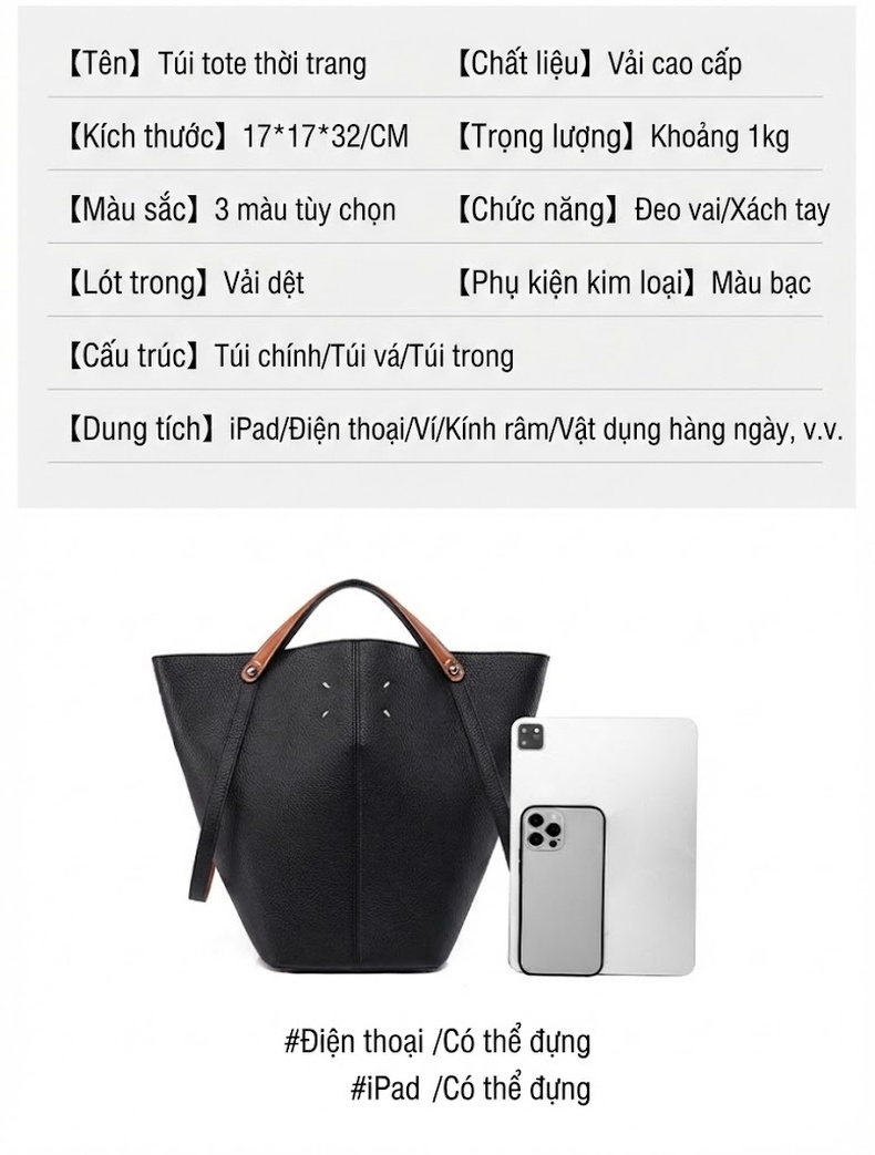 Túi Tote Nữ Da Sần Đựng Vừa A4 Kiểu Dáng Bucket Thời Trang Màu Đen, Nâu Đỏ chi tiết 4