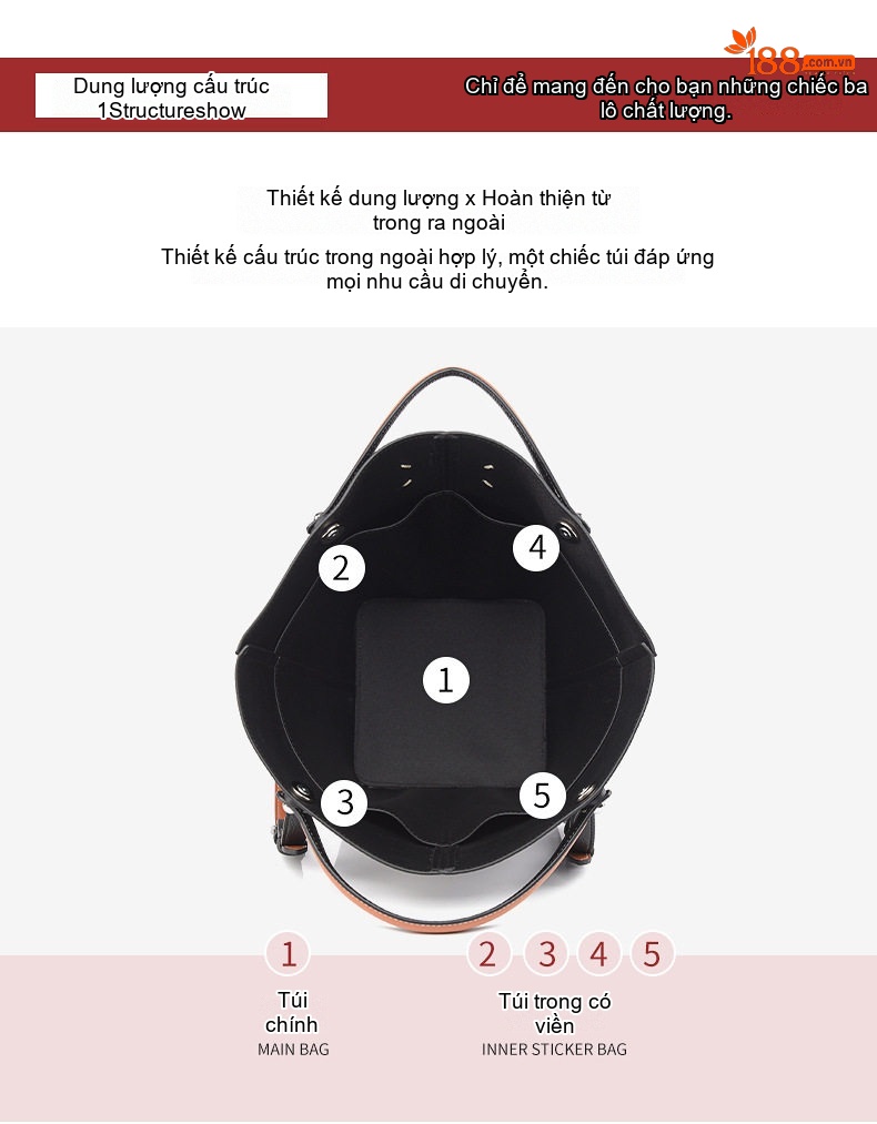 Túi Tote Nữ Da Sần Đựng Vừa A4 Kiểu Dáng Bucket Thời Trang Màu Đen, Nâu Đỏ chi tiết 5