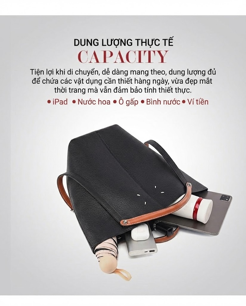 Túi Tote Nữ Da Sần Đựng Vừa A4 Kiểu Dáng Bucket Thời Trang Màu Đen, Nâu Đỏ chi tiết 10