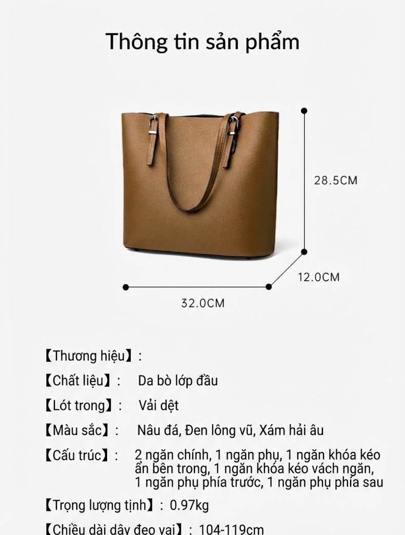Túi Tote Nữ Da Thật Cỡ Lớn Thiết Kế Đeo Vai Phong Cách Âu Mỹ Màu Nâu chi tiết 3