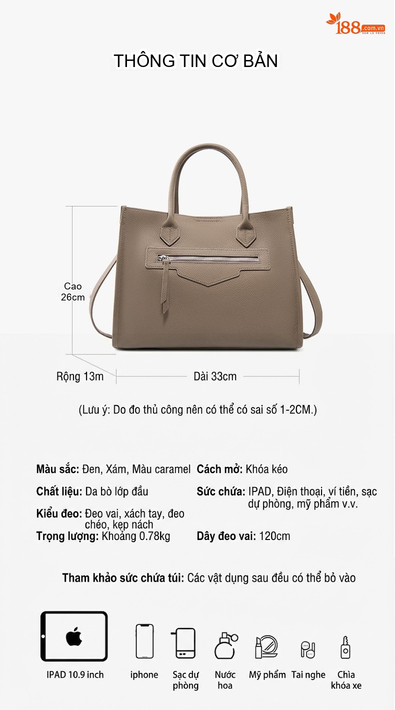 Túi Tote Nữ Da Thật Công Sở Đựng Laptop Thiết Kế Thanh Lịch Màu Nâu chi tiết 4