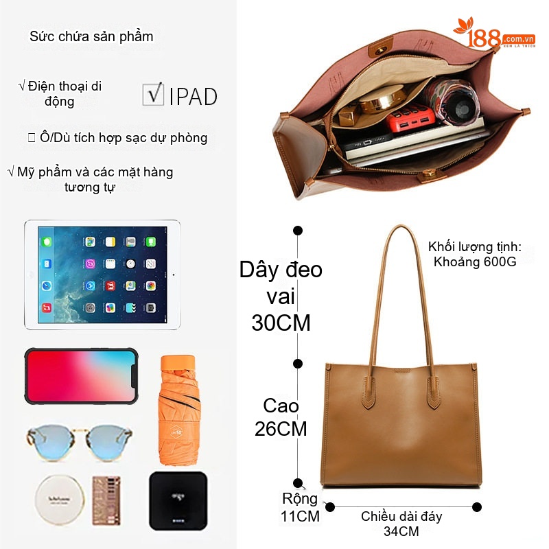 Túi Tote Nữ Da Thật Công Sở Hàn Quốc Đựng Vừa A4 Màu Nâu, Kem
