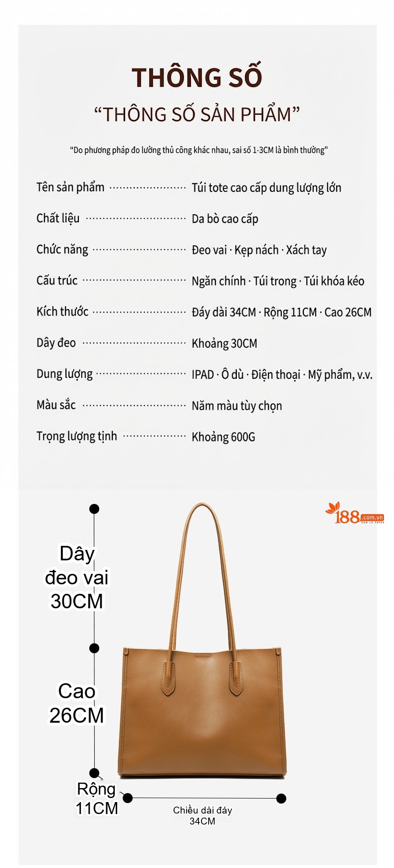 Túi Tote Nữ Da Thật Công Sở Hàn Quốc Đựng Vừa A4 Màu Nâu, Kem chi tiết 3