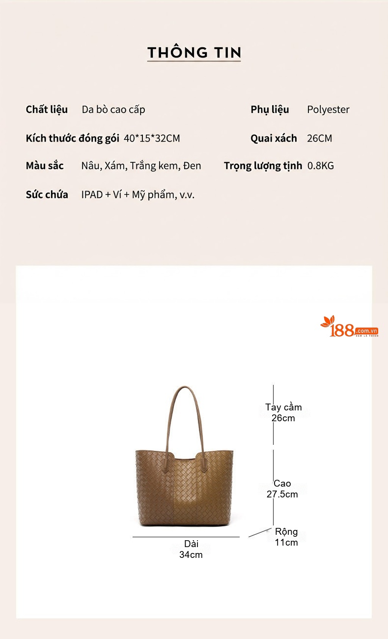 Túi Tote Nữ Da Thật Đan Dây Công Sở Cao Cấp Đựng Laptop Đi Làm Màu Nâu, Xám chi tiết 9