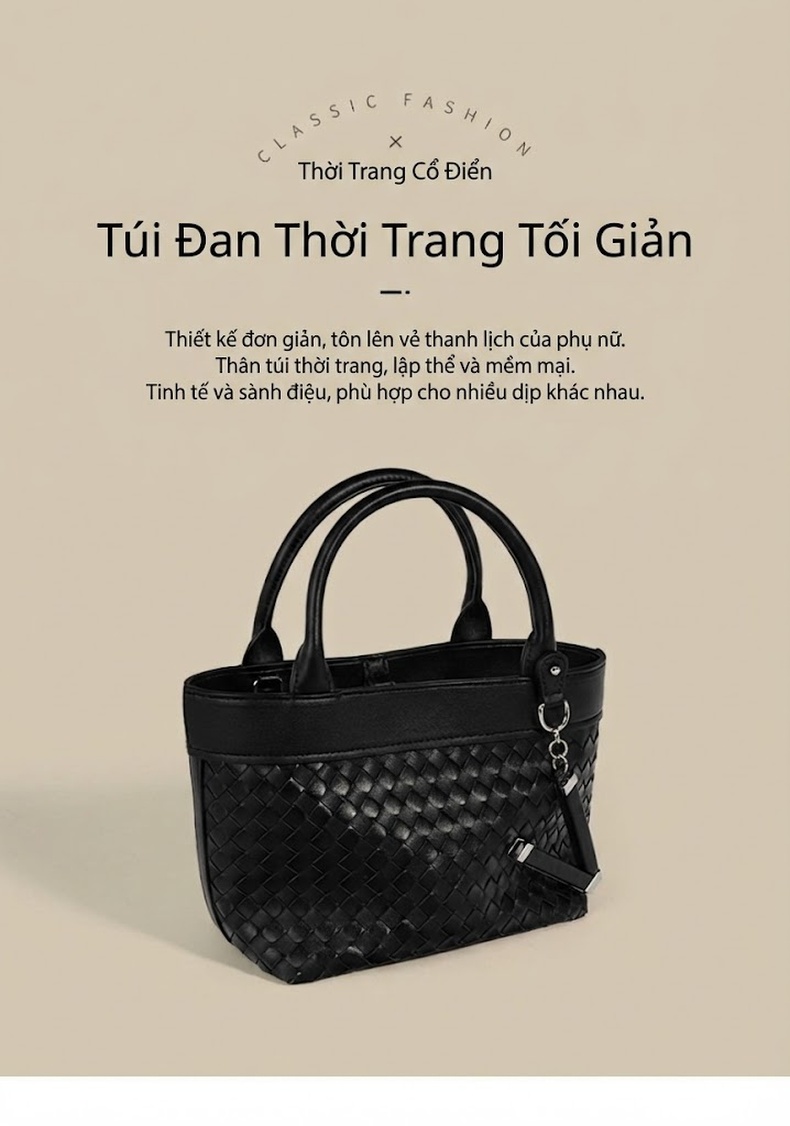 Túi Tote Nữ Da Thật Đan Dây Quai Xách Tay Kiểu Bucket Kèm Dây Đeo Chéo Màu Đen, Hồng, Nâu chi tiết 1
