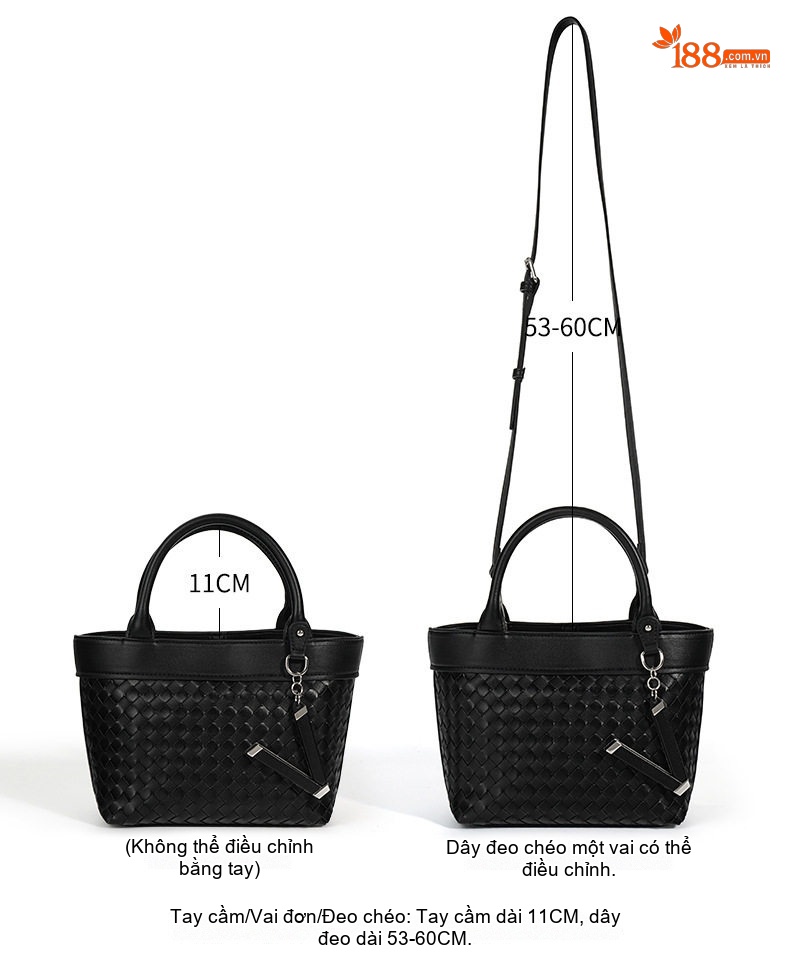 Túi Tote Nữ Da Thật Đan Dây Quai Xách Tay Kiểu Bucket Kèm Dây Đeo Chéo Màu Đen, Hồng, Nâu chi tiết 6