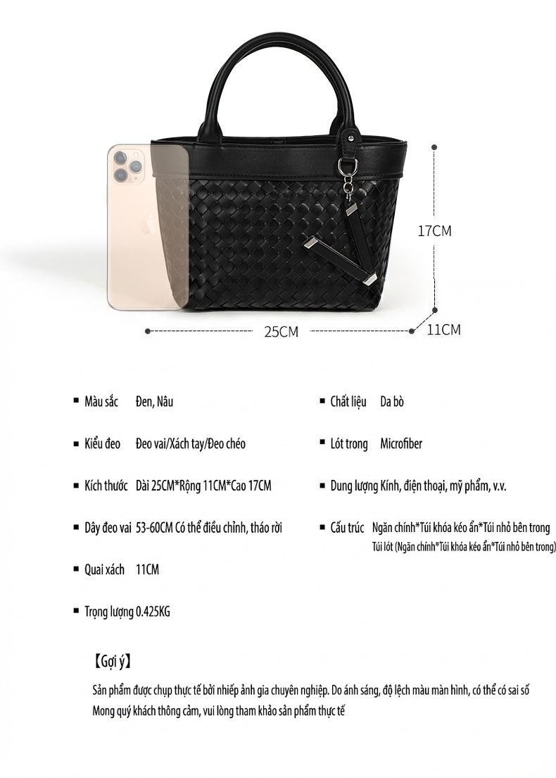 Túi Tote Nữ Da Thật Đan Dây Quai Xách Tay Kiểu Bucket Kèm Dây Đeo Chéo Màu Đen, Hồng, Nâu chi tiết 4