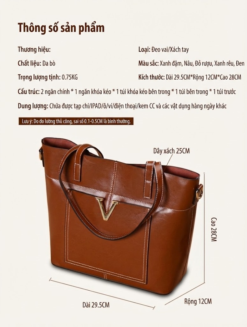 Túi Tote Nữ Da Thật Đeo Vai Đeo Chéo Thiết Kế Tối Giản Màu Đen, Nâu, Đỏ chi tiết 8