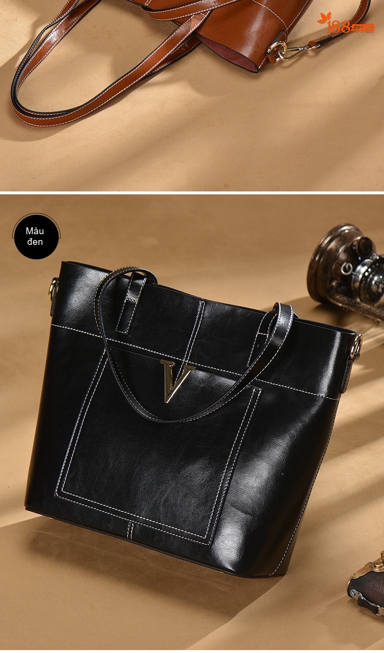 Túi Tote Nữ Da Thật Đeo Vai Đeo Chéo Thiết Kế Tối Giản Màu Đen, Nâu, Đỏ chi tiết 12