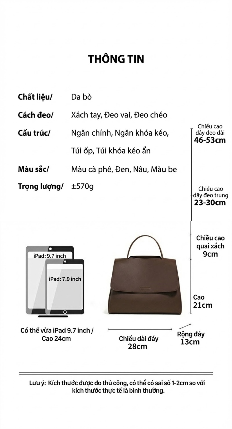 Túi Tote Nữ Da Thật Đeo Vai/Kẹp Nách/Đeo Chéo Sức Chứa Lớn Phong Cách Công Sở Màu Đen, Nâu, Kem, Vàng Nâu chi tiết 3