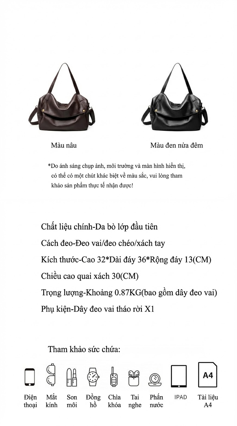 Túi Tote Nữ Da Thật Đeo Vai Khổ Lớn Phong Cách Âu Mỹ Mềm Mại Màu Đen, Nâu chi tiết 2