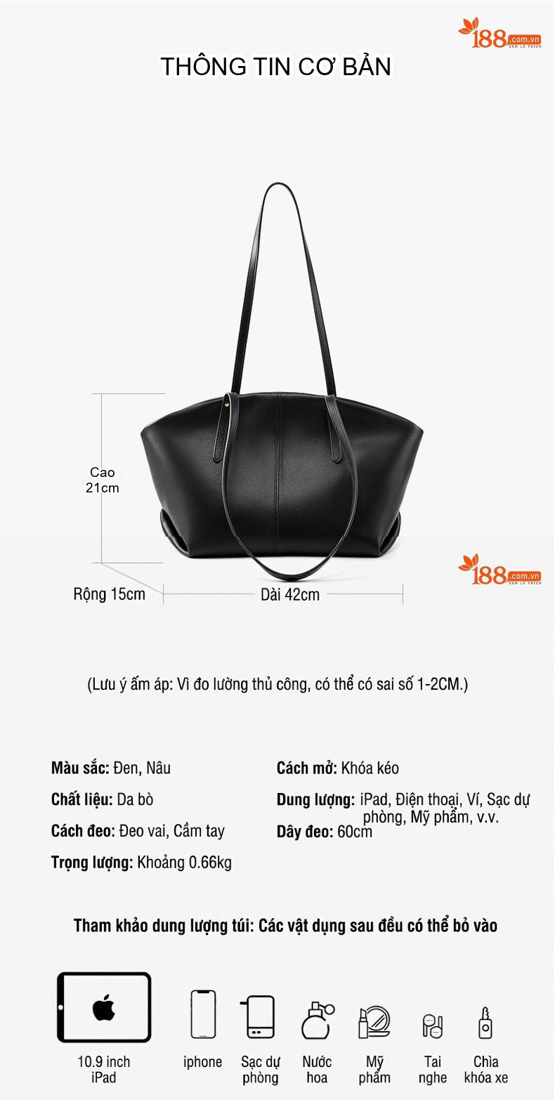 Túi Tote Nữ Da Thật Đeo Vai Phong Cách Thời Trang, Túi Xách Nữ Da Bò Sức Chứa Lớn Màu Đen, Nâu chi tiết 4