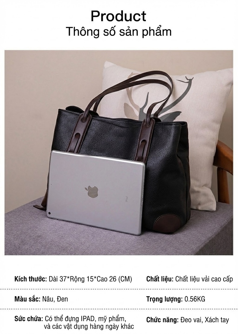 Túi Tote Nữ Da Thật Đựng Đồ Cho Mẹ Bỉm Sữa Dung Tích Lớn Phong Cách Cao Cấp Màu Đen, Nâu chi tiết 7