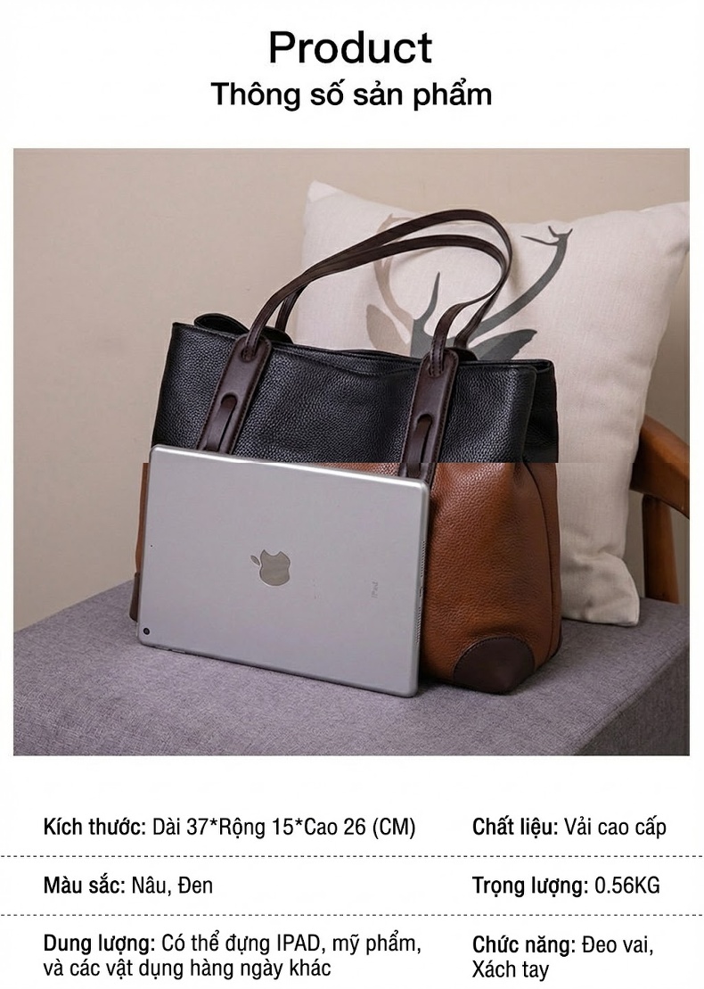 Túi Tote Nữ Da Thật Đựng Đồ Cho Mẹ Bỉm Sữa Dung Tích Lớn Phong Cách Cao Cấp Màu Đen, Nâu chi tiết 24