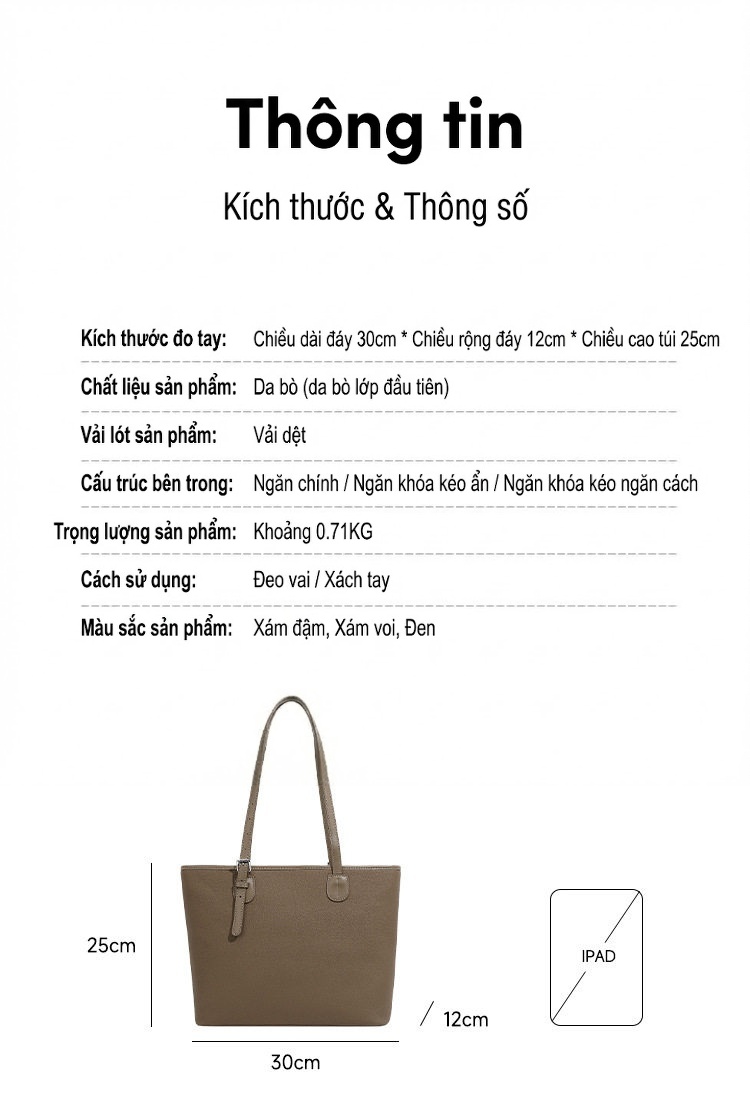 Túi Tote Nữ Da Thật Dung Tích Lớn Túi Đeo Vai Đơn Giản Phong Cách Thời Trang Màu Nâu chi tiết 3
