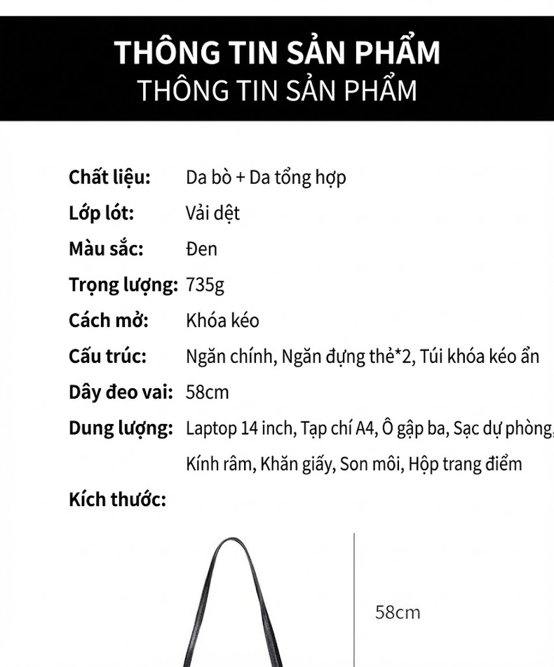 Túi Tote Nữ Da Thật Đựng Vừa A4, Túi Xách Tay Đeo Vai Công Sở Màu Đen chi tiết 3