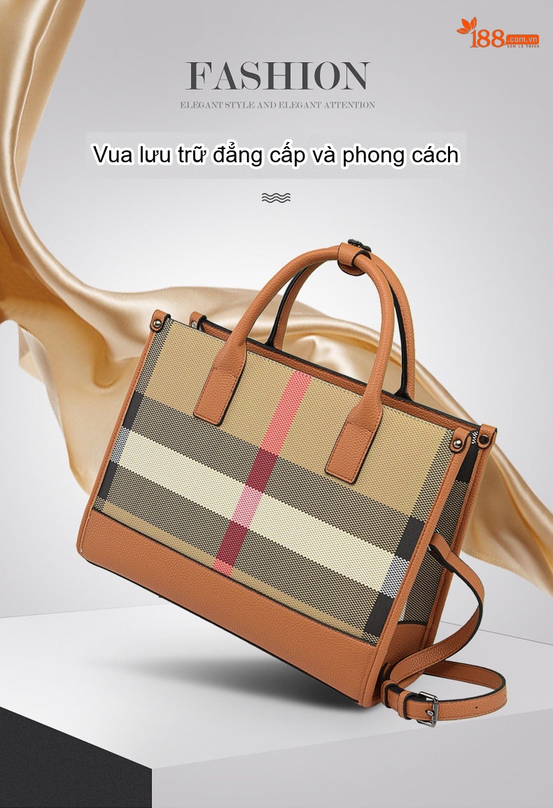 Túi Tote Nữ Da Thật Họa Tiết Kẻ Ô Lớn Phong Cách Thời Trang Màu Nâu, Be chi tiết 1