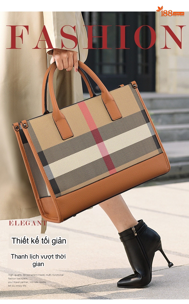 Túi Tote Nữ Da Thật Họa Tiết Kẻ Ô Lớn Phong Cách Thời Trang Màu Nâu, Be chi tiết 2