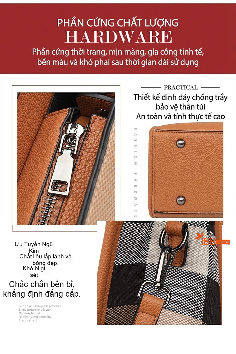 Túi Tote Nữ Da Thật Họa Tiết Kẻ Ô Lớn Phong Cách Thời Trang Màu Nâu, Be chi tiết 9