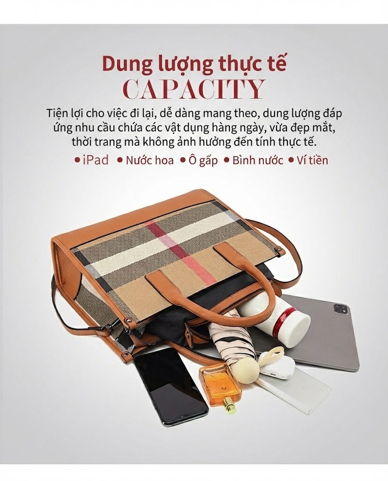 Túi Tote Nữ Da Thật Họa Tiết Kẻ Ô Lớn Phong Cách Thời Trang Màu Nâu, Be chi tiết 10