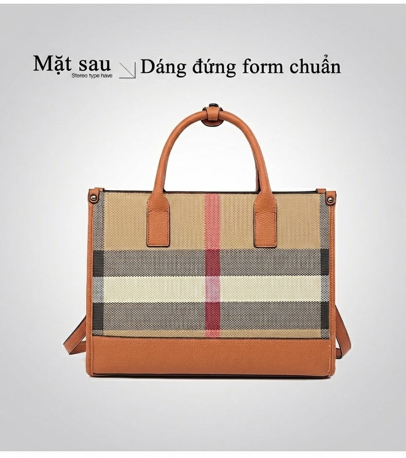 Túi Tote Nữ Da Thật Họa Tiết Kẻ Ô Lớn Phong Cách Thời Trang Màu Nâu, Be chi tiết 22
