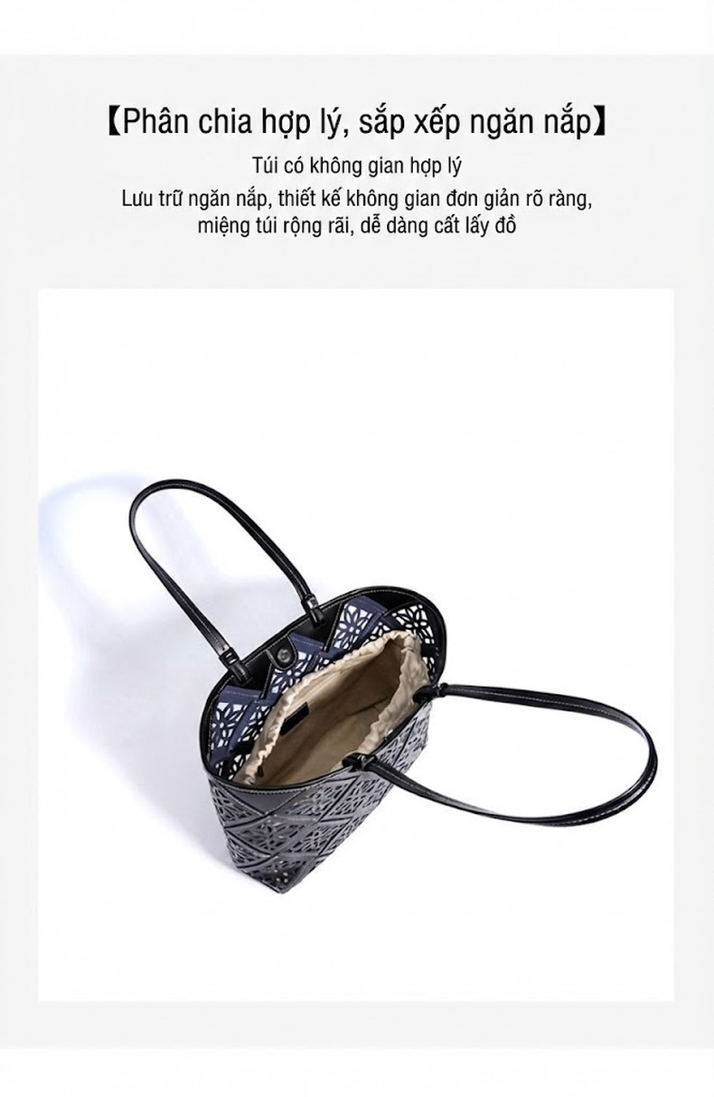 Túi Tote Nữ Da Thật Lưới Hoa Văn, Túi Mẹ Con, Túi Đeo Vai, Túi Lớn Màu Đen, Vàng Kem chi tiết 9