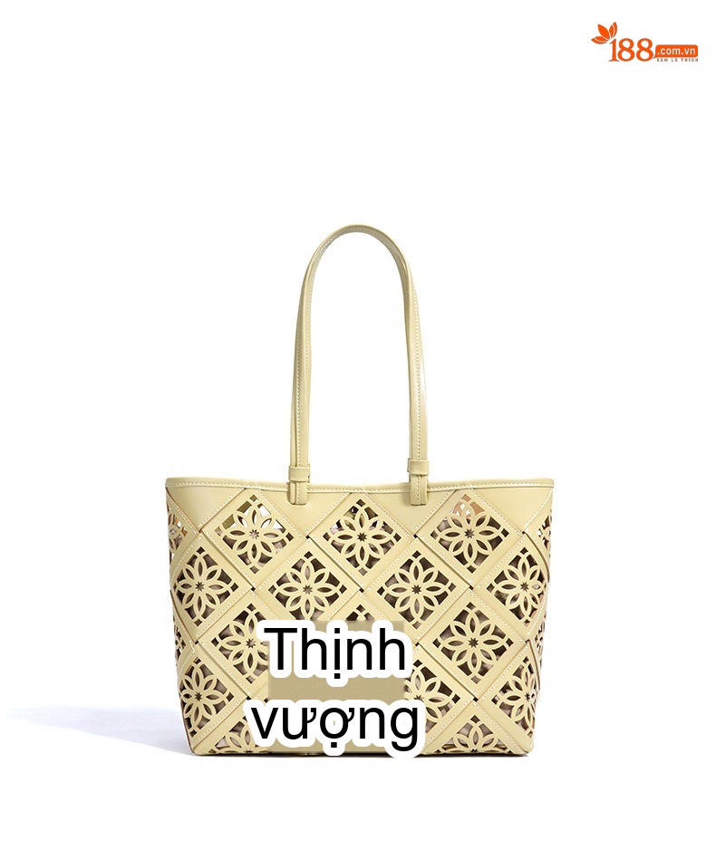 Túi Tote Nữ Da Thật Lưới Hoa Văn, Túi Mẹ Con, Túi Đeo Vai, Túi Lớn Màu Đen, Vàng Kem chi tiết 20