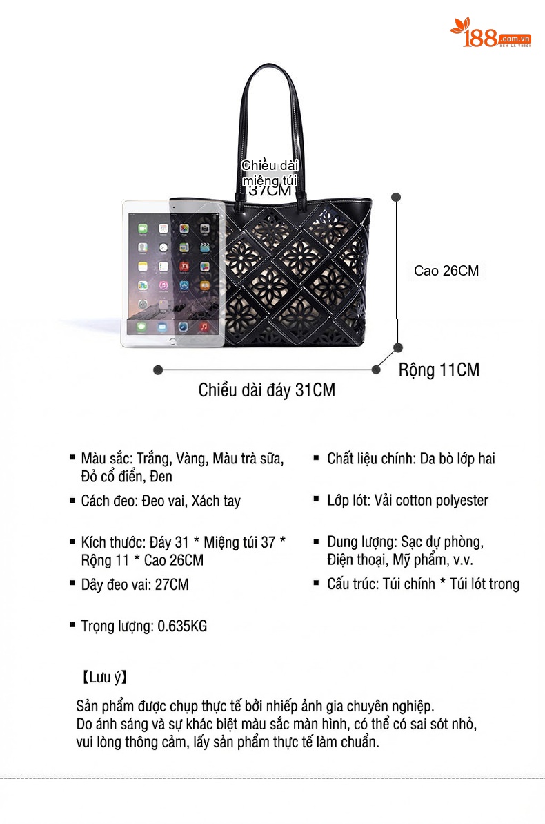 Túi Tote Nữ Da Thật Lưới Hoa Văn, Túi Mẹ Con, Túi Đeo Vai, Túi Lớn Màu Đen, Vàng Kem chi tiết 8