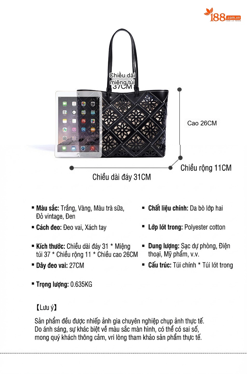 Túi Tote Nữ Da Thật Lưới Hoa Văn, Túi Mẹ Con, Túi Đeo Vai, Túi Lớn Màu Đen, Vàng Kem chi tiết 23
