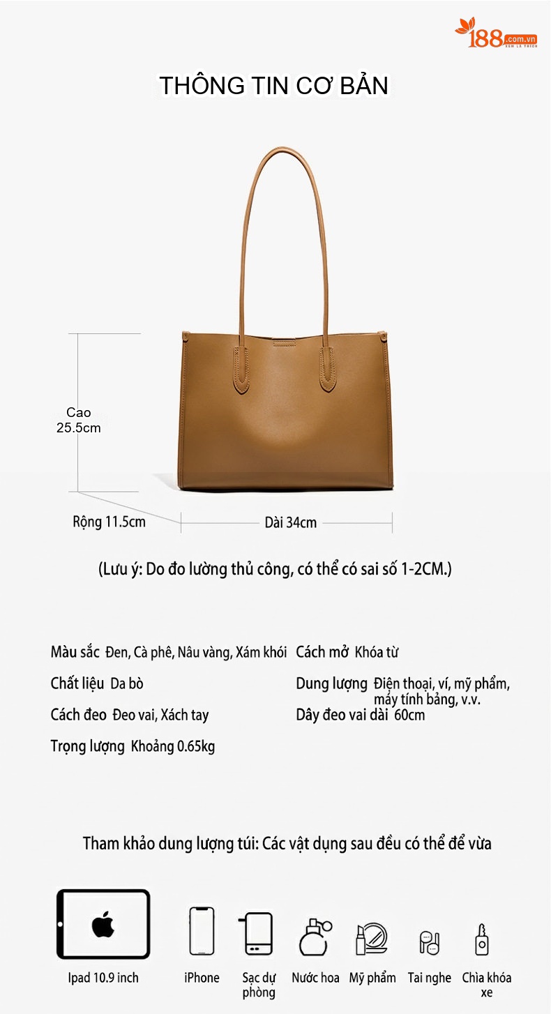 Túi Tote Nữ Da Thật Mềm Mại Size Lớn Phong Cách Tiểu Thư Màu Nâu chi tiết 21