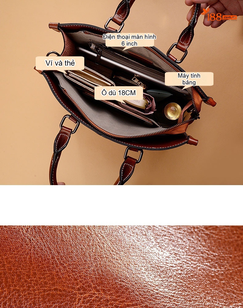 Túi Tote Nữ Da Thật Retro Âu Mỹ, Túi Đeo Vai Một Bên Màu Nâu, Đen chi tiết 5