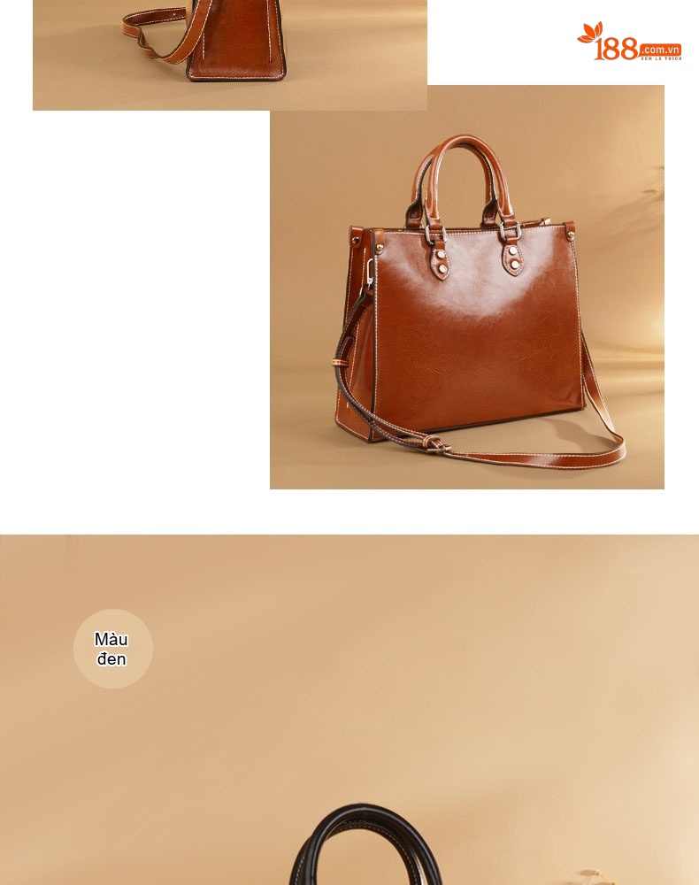 Túi Tote Nữ Da Thật Retro Âu Mỹ, Túi Đeo Vai Một Bên Màu Nâu, Đen chi tiết 8
