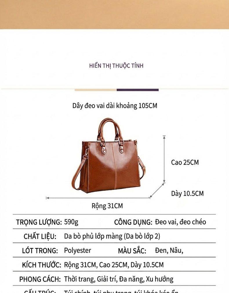 Túi Tote Nữ Da Thật Retro Âu Mỹ, Túi Đeo Vai Một Bên Màu Nâu, Đen chi tiết 11