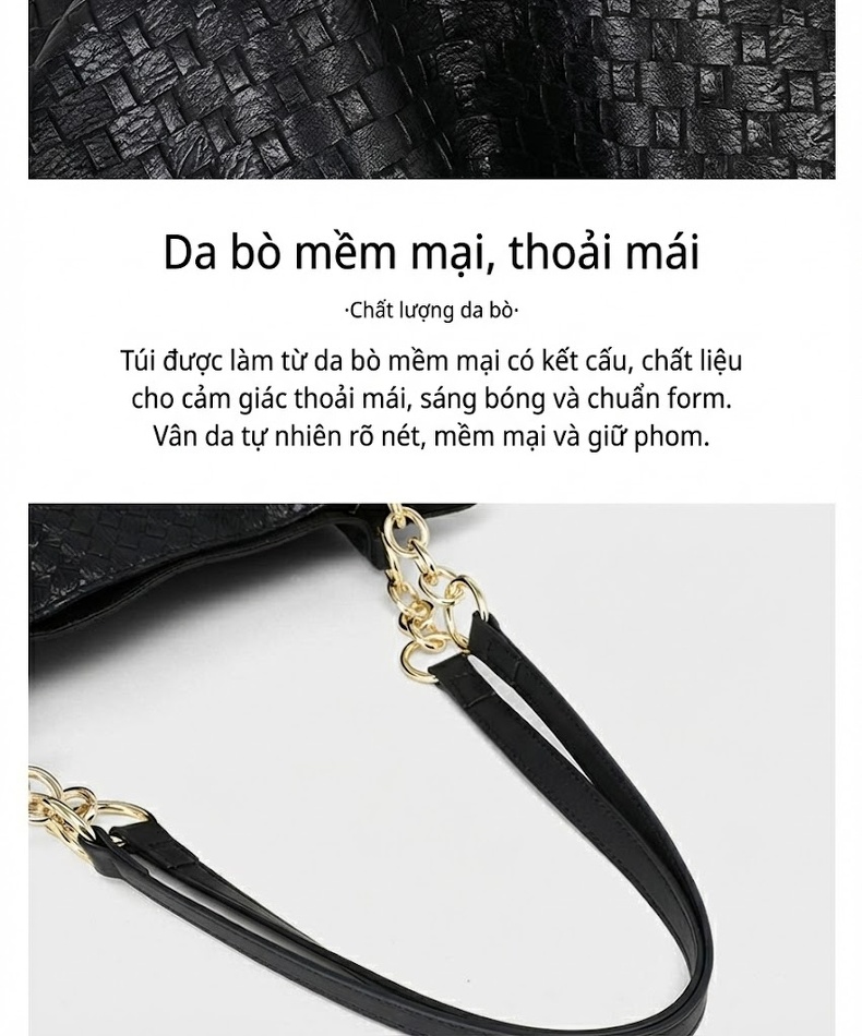 Túi Tote Nữ Da Thật Size Lớn Đeo Vai Đi Làm Công Sở Túi Đan Có Dây Xích Màu Đen chi tiết 10