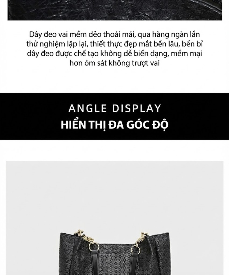 Túi Tote Nữ Da Thật Size Lớn Đeo Vai Đi Làm Công Sở Túi Đan Có Dây Xích Màu Đen chi tiết 12