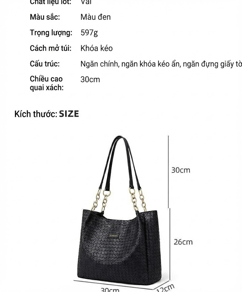 Túi Tote Nữ Da Thật Size Lớn Đeo Vai Đi Làm Công Sở Túi Đan Có Dây Xích Màu Đen chi tiết 3