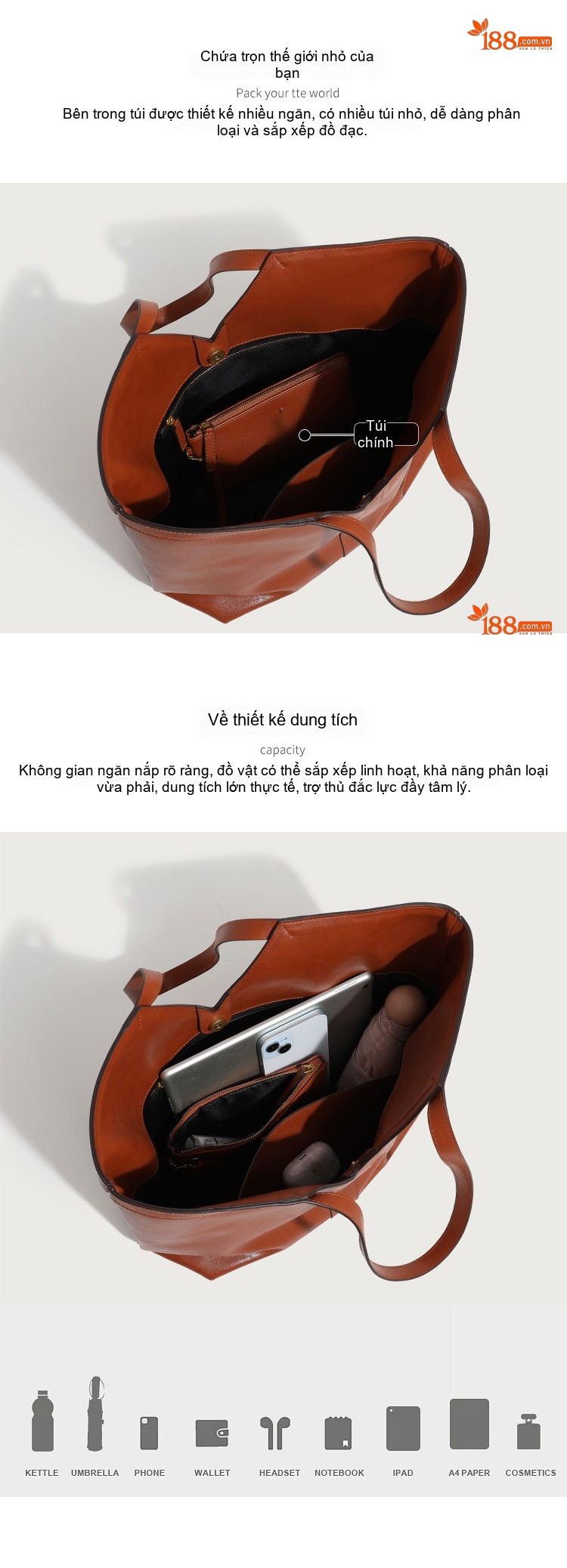 Túi Tote Nữ Da Thật Sức Chứa Lớn Đeo Vai Kèm Ví Mini Màu Đen, Nâu chi tiết 4