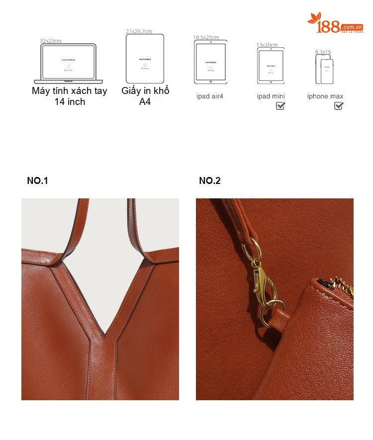 Túi Tote Nữ Da Thật Sức Chứa Lớn Đeo Vai Kèm Ví Mini Màu Đen, Nâu chi tiết 3