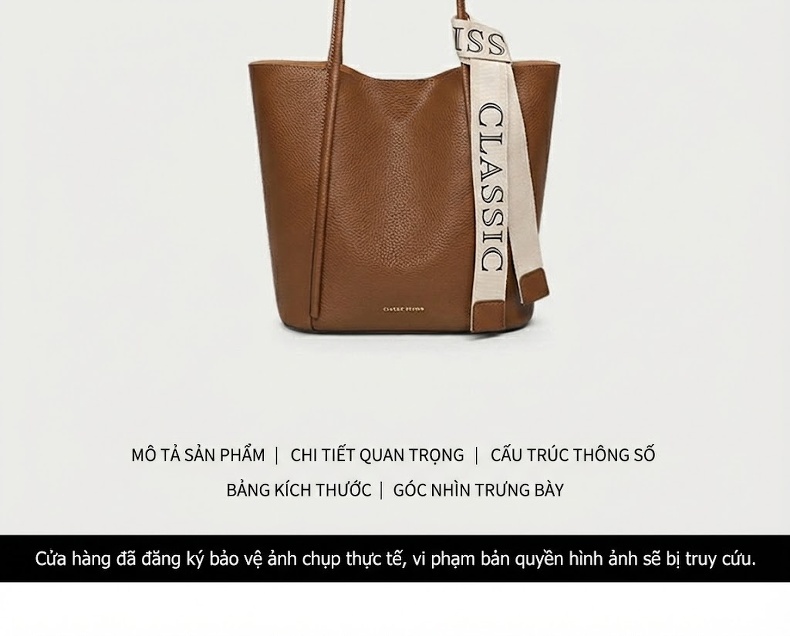 Túi Tote Nữ Da Thật Sức Chứa Lớn Đeo Vai, Xách Tay Màu Nâu chi tiết 2