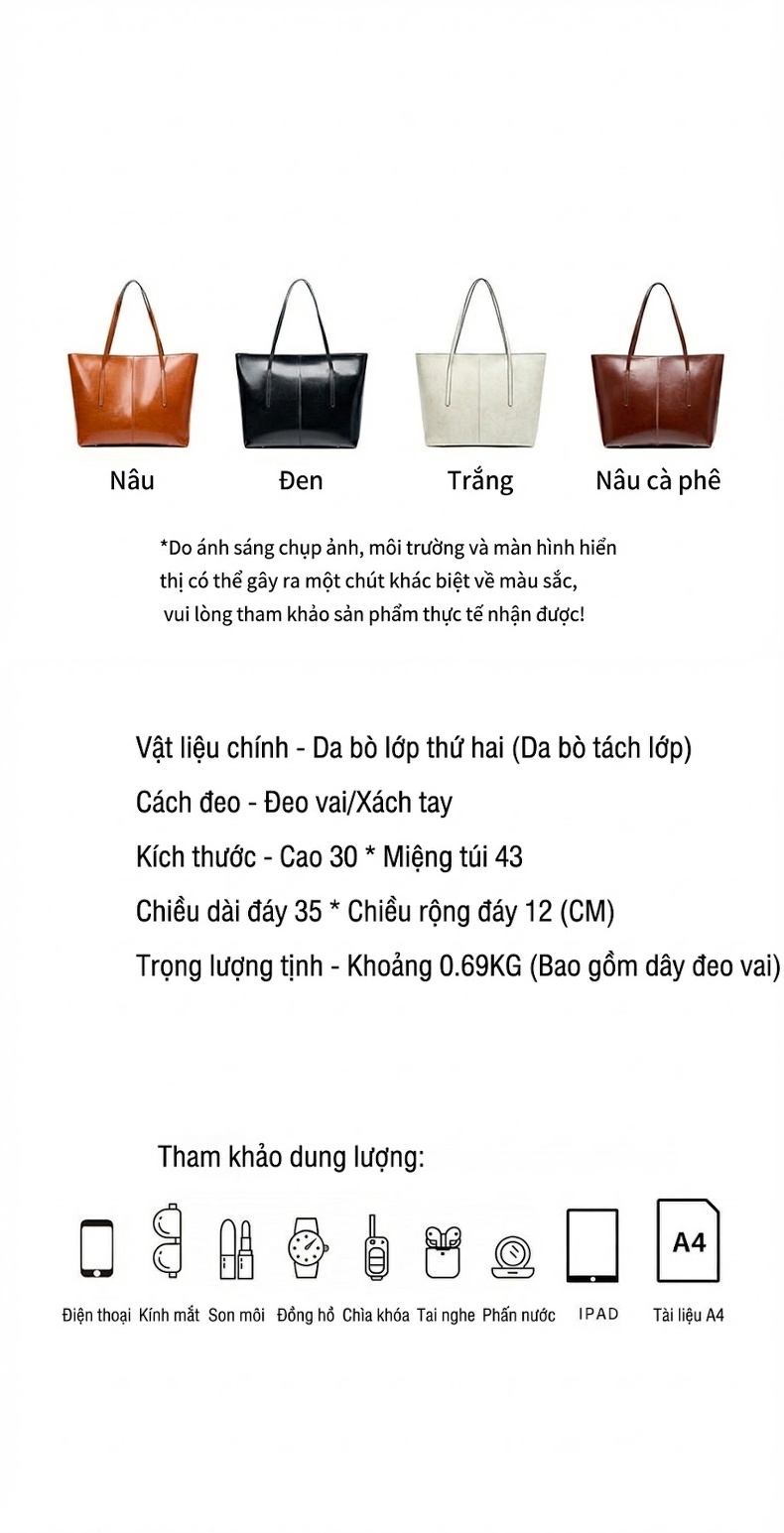Túi Tote Nữ Da Thật Sức Chứa Lớn Đeo Vai, Xách Tay Màu Nâu, Kem chi tiết 2