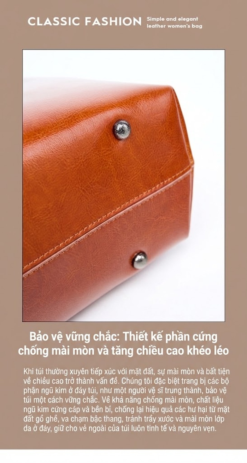 Túi Tote Nữ Da Thật Sức Chứa Lớn Đeo Vai, Xách Tay Màu Nâu, Kem chi tiết 14