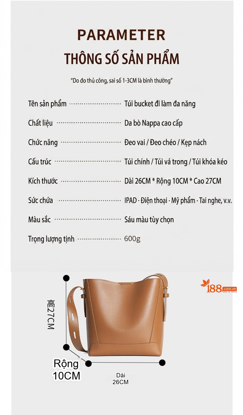 Túi Tote Nữ Da Thật Thiết Kế Đeo Vai Đeo Chéo Dung Tích Lớn Màu Nâu chi tiết 5