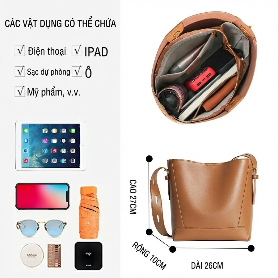 Túi Tote Nữ Da Thật Thiết Kế Đeo Vai Đeo Chéo Dung Tích Lớn Màu Nâu