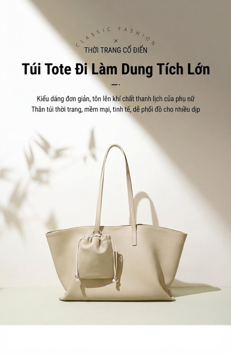 Túi Tote Nữ Da Thật Thời Trang Hàn Quốc Đựng Vừa A4 Màu Trắng Kem, Đen chi tiết 1