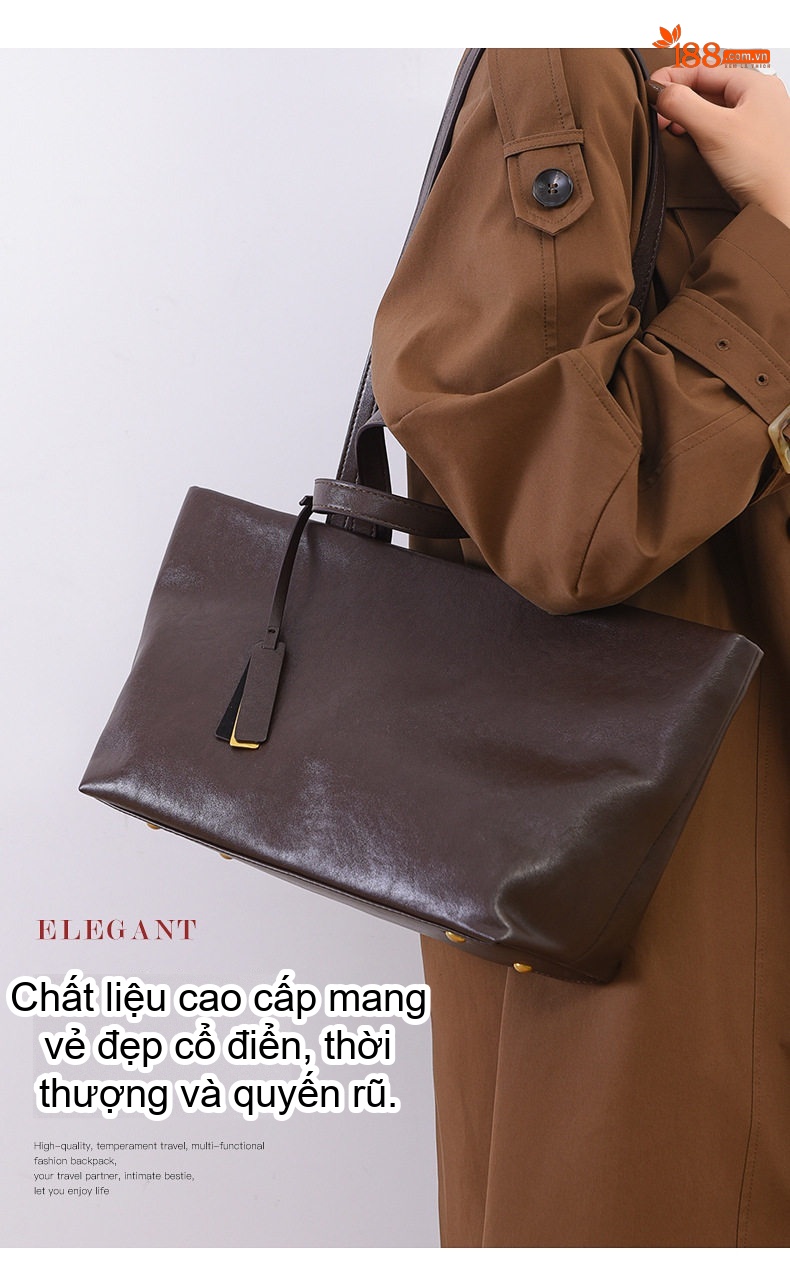 Túi Tote Nữ Da Thuộc Veg Tan Phong Cách Thời Trang Màu Đen, Nâu, Đỏ Tía, Vàng Nâu chi tiết 2