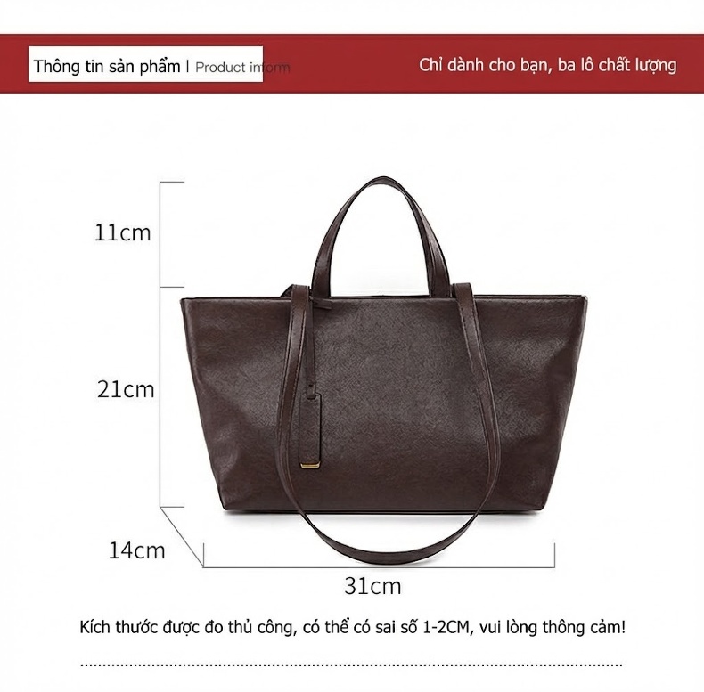 Túi Tote Nữ Da Thuộc Veg Tan Phong Cách Thời Trang Màu Đen, Nâu, Đỏ Tía, Vàng Nâu chi tiết 3