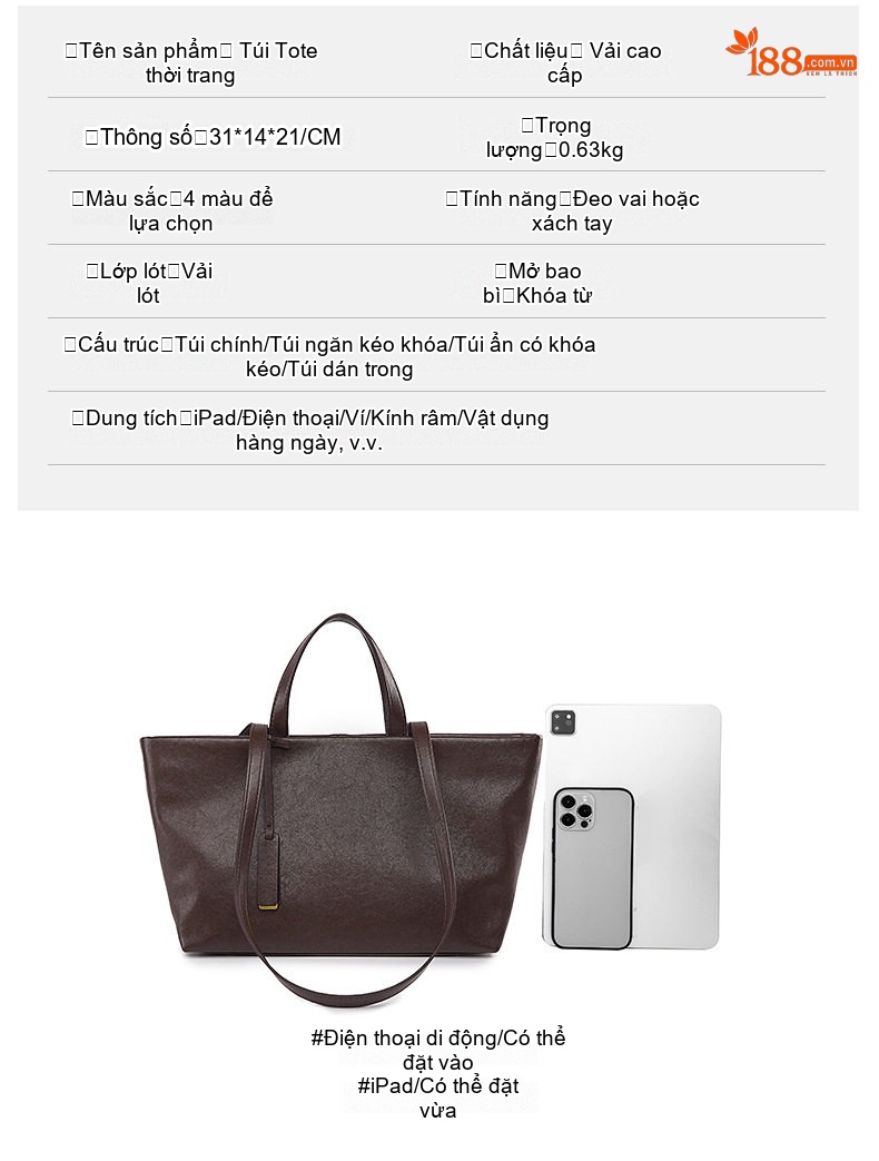 Túi Tote Nữ Da Thuộc Veg Tan Phong Cách Thời Trang Màu Đen, Nâu, Đỏ Tía, Vàng Nâu chi tiết 4