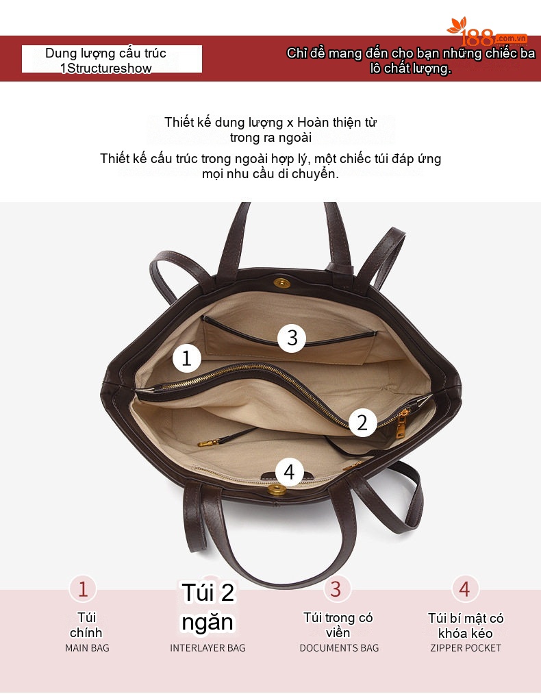 Túi Tote Nữ Da Thuộc Veg Tan Phong Cách Thời Trang Màu Đen, Nâu, Đỏ Tía, Vàng Nâu chi tiết 5