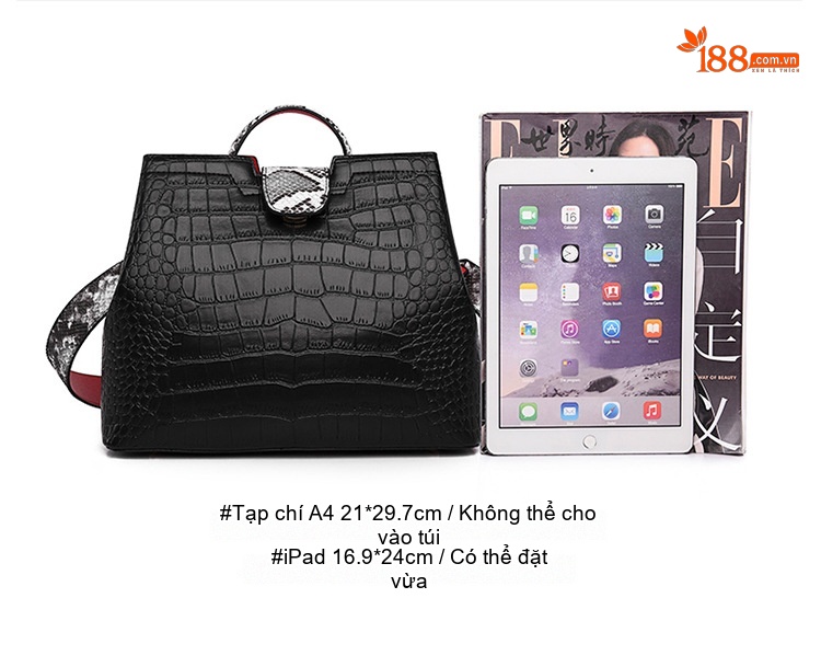 Túi Tote Nữ Da Vân Cá Sấu Chất Lượng Cao Cỡ Lớn Quai Xách Tay Đeo Chéo Dành Cho U40 Màu Đen chi tiết 8