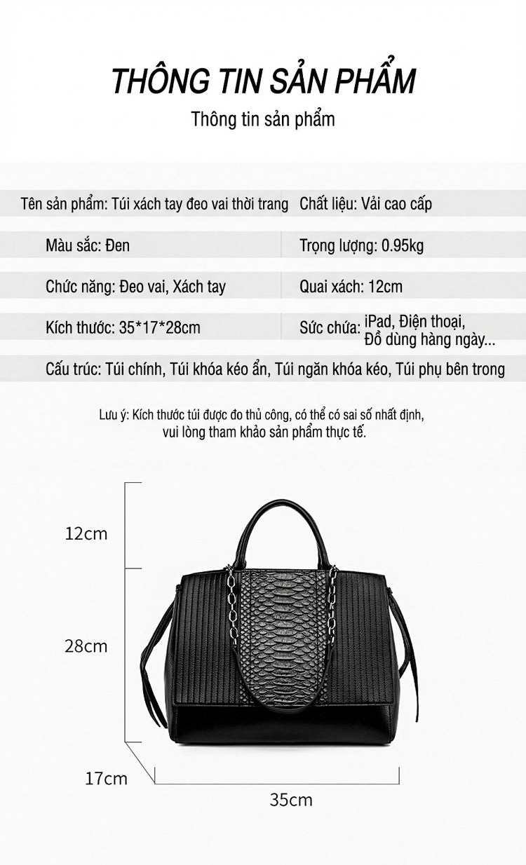 Túi Tote Nữ Da Vân Cá Sấu Quai Xách Tay Dây Xích Phong Cách Hàn Quốc Màu Đen chi tiết 3